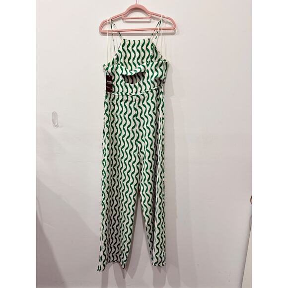 Mango Geometric Sleeveless Straight Leg Jumpsuits Green/White Women's Medium - Picture 3 of 6